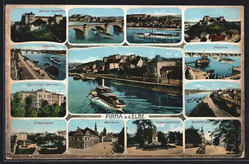 AK Pirna a. d. Elbe, Schloss Sonnenstein, Elbpartie, Mühlentor, Bahnhofstrasse, Friedenspark