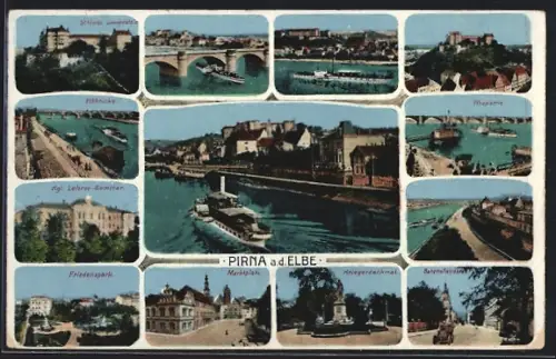 AK Pirna a. d. Elbe, Schloss Sonnenstein, Elbbrücke, Marktplatz