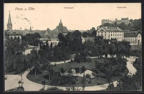 AK Pirna a. Elbe, Friedenspark, Sonnenstein, Stadtansicht