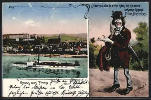 Lithographie Pirna, Stadtansicht mit Dampfschiff auf der Elbe, Fritze Bliemchen