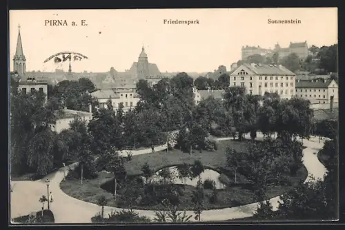 AK Pirna a. E., Friedenspark mit Sonnenstein aus der Vogelschau