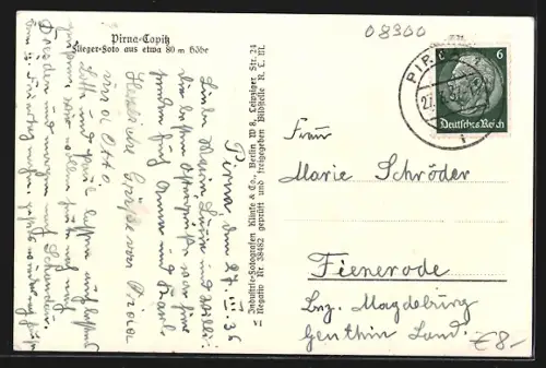 AK Pirna-Copitz, Fliegeraufnahme mit Elbbrücke, Stadtansicht