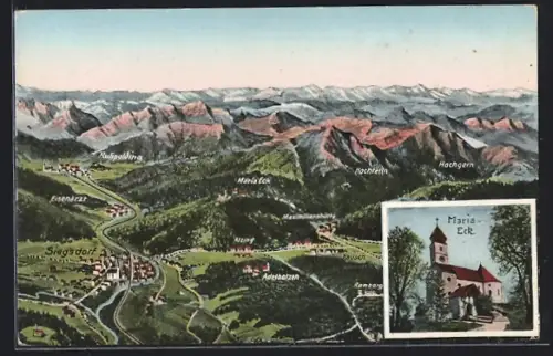 Künstler-AK Siegsdorf, Wallfahrtskirche Maria Eck, Panorama mit Adelholzen und Eisenärzt