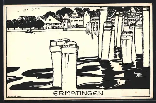 Künstler-AK Ermatingen, Stadtblick vom Wasser aus