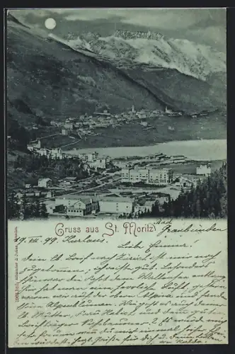 Mondschein-AK St. Moritz, Panorama mit Strassenpartie