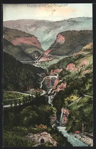 Künstler-AK Bözingen, Taubenlochschlucht, Panorama mit Frinvillier, Rondchâtel und Werdtberg