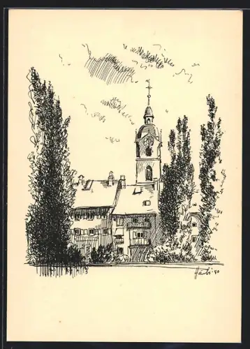 Künstler-AK Alt-Olten, Strassenpartie mit Turm