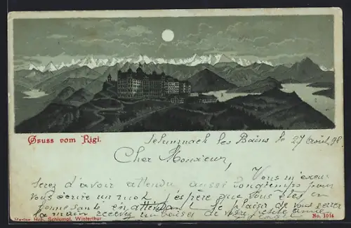 Mondschein-Lithographie Rigi, Hotel bei Vollmond