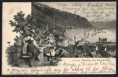 AK Montreux, Teilansicht mit Dent du Midi, Trachtenmädchen