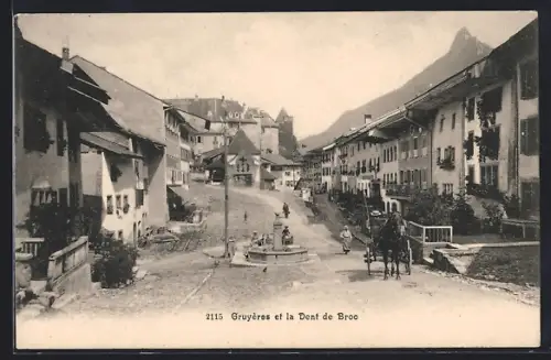 AK Gruyeres, Ortspartie mit Brunnen und Pferdekutsche, Dent du Broc