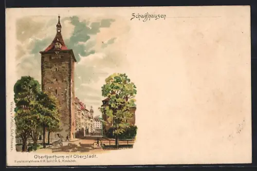 Lithographie Schaffhausen, Obertorturm mit Oberstadt