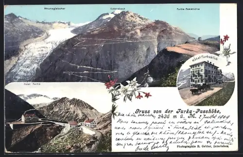 AK Furkapass, Furkapasshöhe, Hotel Furka, Rhonegletscher, Galenstock