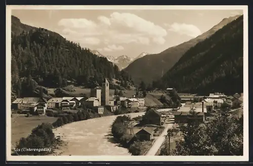AK Süs /Unterengadin, Uferpartie mit Kirche