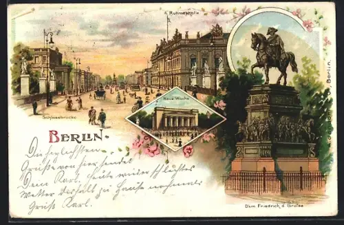 Lithographie Berlin, Schlossbrücke, Ruhmeshalle, Denkmal Friedrich d. Grosse