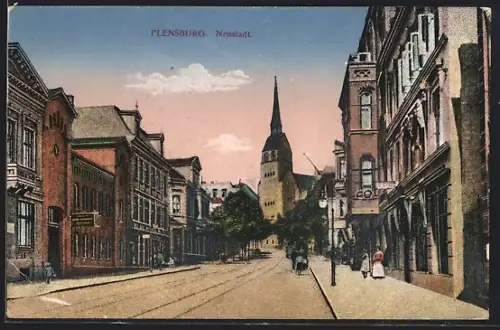 AK Flensburg, Neustadt, Strassenszene mit Kirche