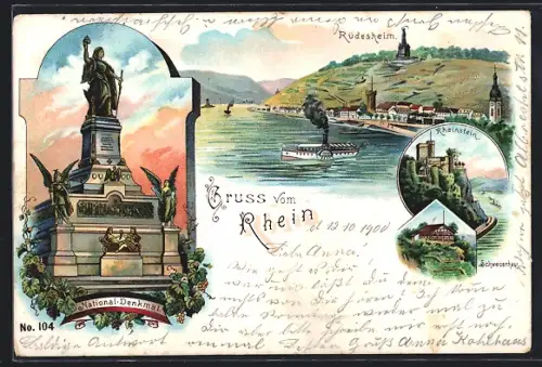 Lithographie Rüdesheim /Rhein, National-Denkmal, Rheinstein, Schweizerhaus