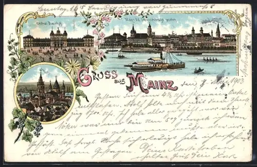 Lithographie Mainz, Dom, Central-Bahnhof, Ansicht von der Rheinseite