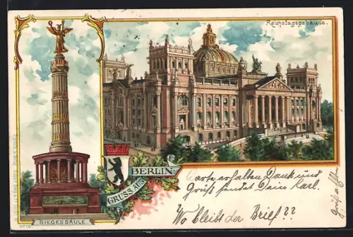Lithographie Berlin, Reichstagsgebäude, Siegessäule