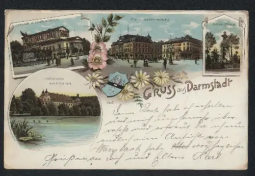 Lithographie Darmstadt, Theater u. Kriegerdenkmal, Post u. Alexanderpalais, Jagdschloss Kranichstein, Flotow Denkmal