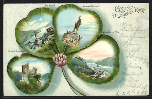 Passepartout-Lithographie Bacharach /Rhein, Niederwalddenkmal, Schloss Rheinstein, Gutenfels a.d. Pfalz