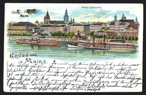 Lithographie Mainz /Rhein, Sicht von der Rheinseite