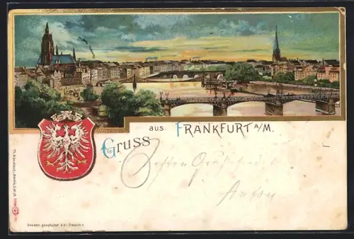 Lithographie Alt-Frankfurt, Stadtansicht mit Dom, Brücke und Wappen