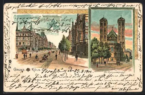 Lithographie Köln, Hohenzollernring, St. Gereonskirche
