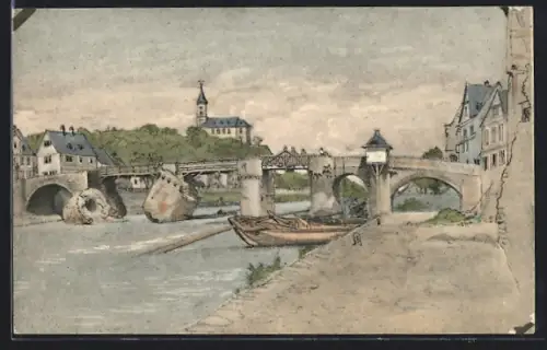 Künstler-AK Diez, Blick zur Lahnbrücke