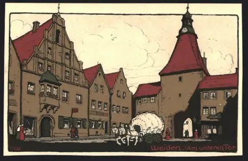 Steindruck-AK Weiden / Oberpfalz, Am unteren Tor mit Pferdewagen