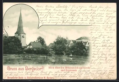 AK Bergedorf, Blick über den Mühlenteich auf Kirche und Holstenstrasse