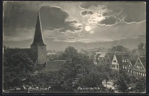 AK Bergedorf, Panorama mit Kirche bei Mondschein