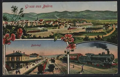 AK Bebra, Bahnhof mit Zügen und Reisenden, Eisenbahn, Totalansicht