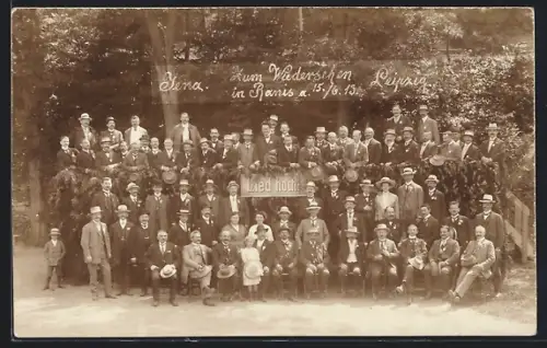 Foto-AK Ranis, Zum Wiedersehen in Ranis 1913, Jena, Leipzig, Gesangsverein