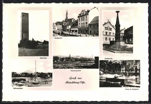 AK Münchberg /Ofr., Stadtpartie, Mahnmal, Schwimmbad, Partie im Stadtpark, Gesamtansicht