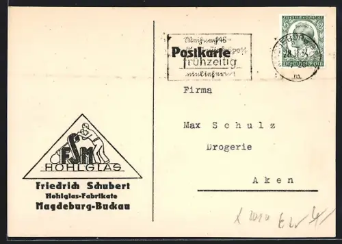 AK Magdeburg-Buckau, Friedrich Schubert Hohlglas-Fabrikate, Werbekarte