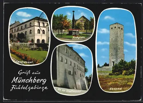 AK Münchberg /Fichtelgebirge, Landratsamt, Kirchplatz, Ehrenmal, an der Stadtmauer