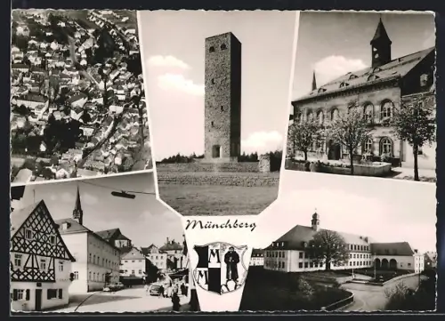 AK Münchberg, Turm, Strassenpartie, Ortsansicht vom Flugzeug aus