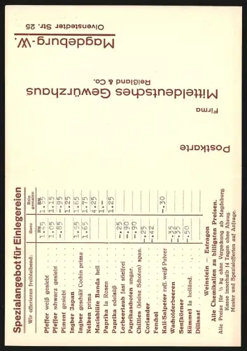 AK Magdeburg, Mitteldeutsches Gewürzhaus Reisland & Co., Olvenstedter Strasse 25, Preisliste Gewürze