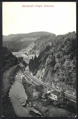 AK Steinicht /Vogtl. Schweiz, Flusslauf, Eisenbahnstrecke, Talansicht