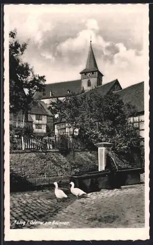 AK König i. Odenw., Am Brunnen, Kirche, Fachwerkhäuser