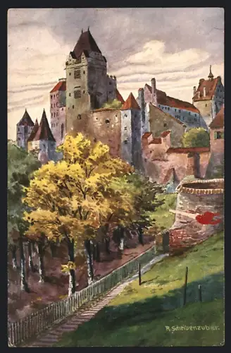 Künstler-AK Landshut, Burg Trausnitz