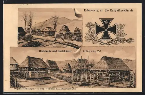 Künstler-AK Nagy Ag Tal, Karpathenkämpfe 1914-15, Dorfstrasse und Panjehäuser