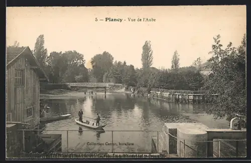 AK Plancy, Vue de l`Aube avec barque et paysage fluvial