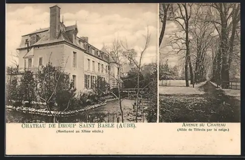 AK Droup Saint Basle /Aube, Château et Avenue du Château bordée de tilleuls en hiver