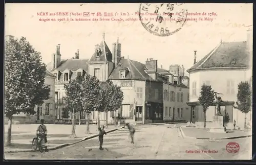 AK Méry-sur-Seine /Aube, Place Croué avec monument de 1789 et bâtiments environnants