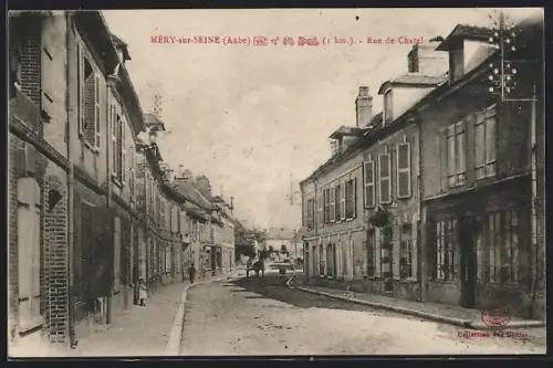 AK Méry-sur-Seine /Aube, Rue de Chastel avec des maisons traditionnelles et une calèche