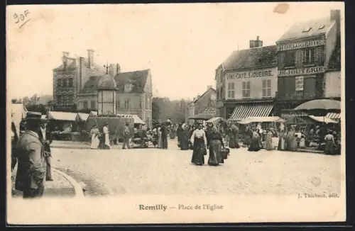 AK Romilly, Place de l`Église animée avec marché et passants