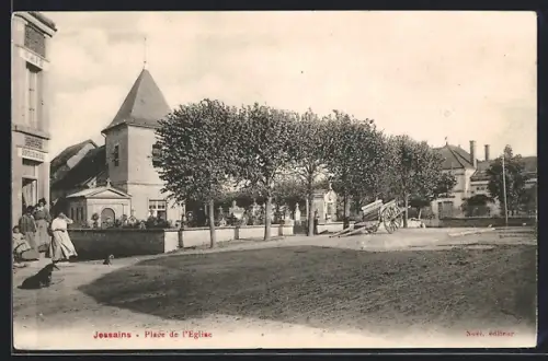 AK Jessains, Place de l`Église avec arbres et bâtiments adjacents