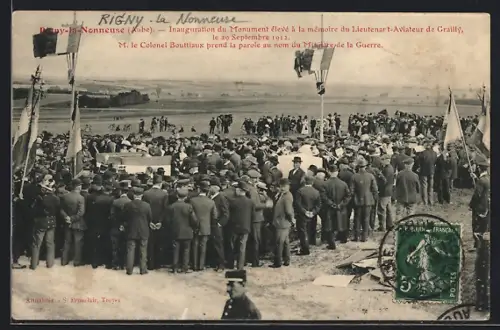AK Rigny-la-Nonneuse /Aube, Inauguration du monument à la mémoire du Lieutenant-Aviateur de Grailly, 1913