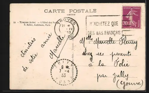 AK Troyes /Aube, L`Hôtel des Postes, oeuvre de l`architecte F. Ballet